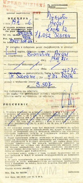 KKE 5767-2.jpg - Dok. Decyzje wydziału Finasowego Urzędu Miejskiego w sprawie opłaty spadkowej po zmarłych rodzicach dla Mieczysława Awgul, Szczecin, 19 XI 1976 r.